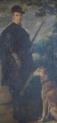 19th century, Huntsman and dog in a landscape, unsigned, oil on canvas, laid on board, 34 x 17cm