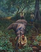 Larry Norton (b.1963), ‘Nooki’, hunters beside a fallen elephant, signed and dated ‘94, oil on