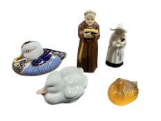 A small Lalique amber glass duck, a Crown Derby duck paperweight, a Copenhagen duck group and two