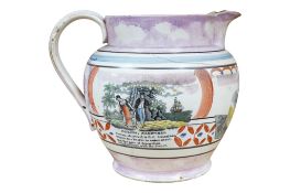 An early 19th century Newcastle Pottery pink lustre jug, 'British Slavery' after James Gillray,