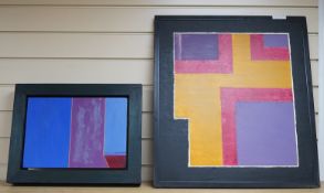 Contemporary school, two abstract compositions, geometric shapes, unsigned, oils on board, largest