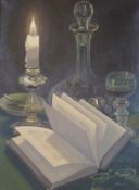 Bailey, still life of a book, decanter and candlestick, signed, oil on canvas, 39 x 28cm
