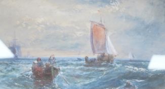 Edwin Hayes RI (1819–1904), Fishing boats at sea, signed, watercolour, 17 x 30cm