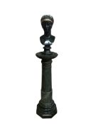A Victorian green marble pedestal, diameter 35cm, height 107cm together with a black resin bust of a