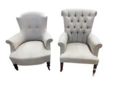 A Victorian upholstered buttoned armchair, width 70cm, depth 60cm, height 98cm and a Victorian style