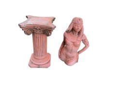 A terracotta figure of Cleopatra on a square plinth, base 46cm, height 74cm, Cleopatra height 82cm