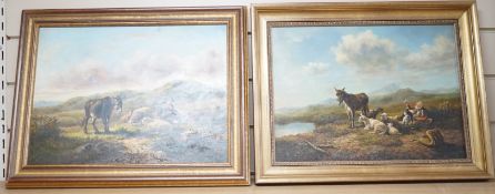 19th century school, Shepherds and Donkeys, unsigned, a pair of oils on board, 28 x 38cm