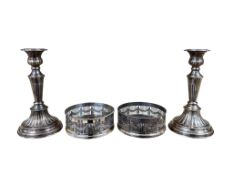 A pair of silver plated candlesticks, height 20cm, and a pair of silver plated and bakelite