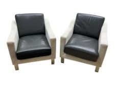 A pair of vintage Dutch Antonia armchairs with chromed steel feet, upholstered in grey fabric