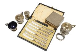 A mid 20th century silver mounted cigarette box, 88mm, together with five assorted cruets, including