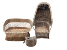 A wicker porter's chair, width 77cm, depth 55cm, height 143cm, sofa and a fishing basket