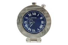 A boxed Cartier Pasha steel quartz travelling alarm clock. 2753, diameter 5cm.