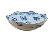 A First Period Worcester blue and white Pine Cone pattern junket bowl, hatched crescent mark,