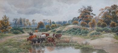 John Macpherson (fl.1858-1891), cattle watering beside a pond, signed, watercolour, 25 x 55cm