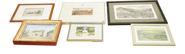 Six 20th century and contemporary works and prints to include a Northern School, town scene with