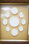Nine Grand Tour / Napoleonic plaster cameo plaques (framed as one) frame 27cm high