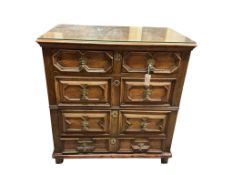 A William and Mary oak geometric chest of drawers, with later birch top, width 89cm, depth 54cm,