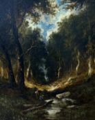 Narcisse Virgilio Diaz de la Pena (French, 1807-1876), Wooded river ravine with figures, oil on