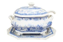 A Victorian Minton blue-printed “Chinese Marine” tureen and stand with ladle, width 38cm.