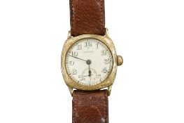 A gentleman's mid 20th century engraved gold plated Longines manual wind wrist watch, with Arabic