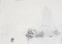 Sir Augustus Wall Callcott, RA (1779-1844), River scene with boats and figures near a bridge,