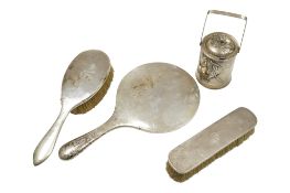 A Malaysian textured white metal sugar box, height 16.9cm and a Chinese white metal three piece