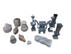 A collection of Chinese archaistic-style metalware comprising a pair of candlesticks, pair of