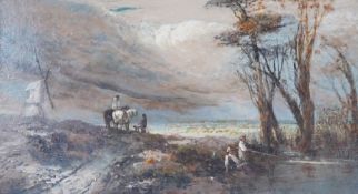 John Linnell (1792–1882), figures before a windmill, signed, oil on canvas, 19 x 34cm