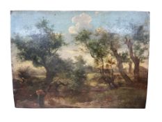 18th/19th century school, figure in a landscape, unsigned, oil on panel, unframed, 21 x 29cm