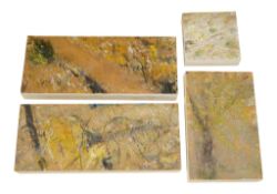 Rachael Plummer (contemporary), four abstracts to include ‘August Downland’, each signed verso, oils