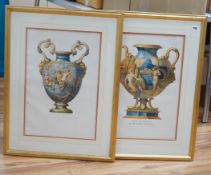 After Delange, two coloured engravings of antique maiolica vases, printed by Lemercier & Cie; Paris,