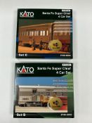 Two boxed KATO N gauge railway Santa Fe Super Chief coach packs; a 4-car Set B (106-6002), a 4-car