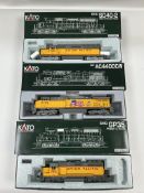Three boxed Kato HO gauge railway Union Pacific diesel locomotives; GE AC4400CW, 5799, (37-6434),