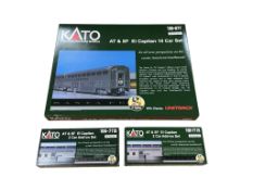 Three boxed KATO N gauge railway AT&SF Santa Fe El Capitan train packs; a 10-car set (106-077),