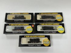 Five boxed Graham Farish N gauge railway tank locomotives; a BR 0-6-0T, a BR Priairie (1609), a BR