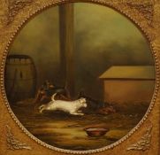 Manner of George Armfield, terriers ratting, unsigned, oil on canvas, tondo, 45cm in diameter