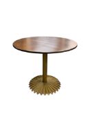 A circular mid century pedestal table on metal base, diameter 90cm, height 73cm