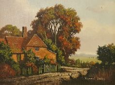 Vincent Selby (1919-2004), study of a cottage before woodland, signed, oil on board, 14.5 x 20cm