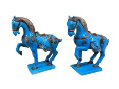 A pair of Chinese turquoise crackle glaze tang style horses, 22cm high