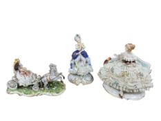 Two Naples porcelain figures, larger 20cm, and a German porcelain seated female figure. (3)
