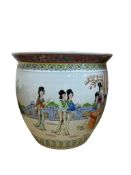A modern Chinese famille rose planter enamelled with figures, 31cm in diameter
