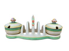 A Royal Venton Ware pottery toast rack and preserve jar breakfast set, width 25cm.