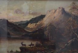 Victorian School, Scottish landscape with stag before mountains, unsigned, oil on canvas, 56 x 82cm