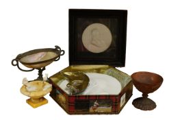A 19th century carved treen stand, height 9cm, a Victorian mother of pearl and bronze dish, three
