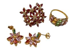 A recent 9ct gold and multi-gem set cluster ring, size N, a pair of similar 375 cluster earrings and