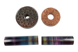 Two Chinese archaistic hardstone discs and two crystal faceted beads, approx 4cm tall. (4)