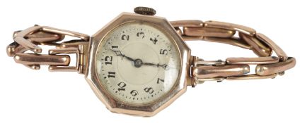 A lady's early to mid 20th century 9ct gold octagonal manual wind wrist watch, with Arabic dial,