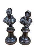 A pair of bronze Neo-Classical busts, each on ebonised socle bases, 23cm high