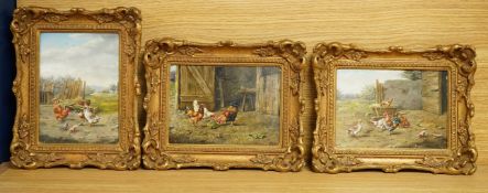 Levi Bihari (b.1930), farm scenes with chickens and ducks, each signed, a set of three oils on