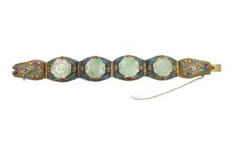 A Chinese filigree work and jadeite mounted brooch, length approx 18cm